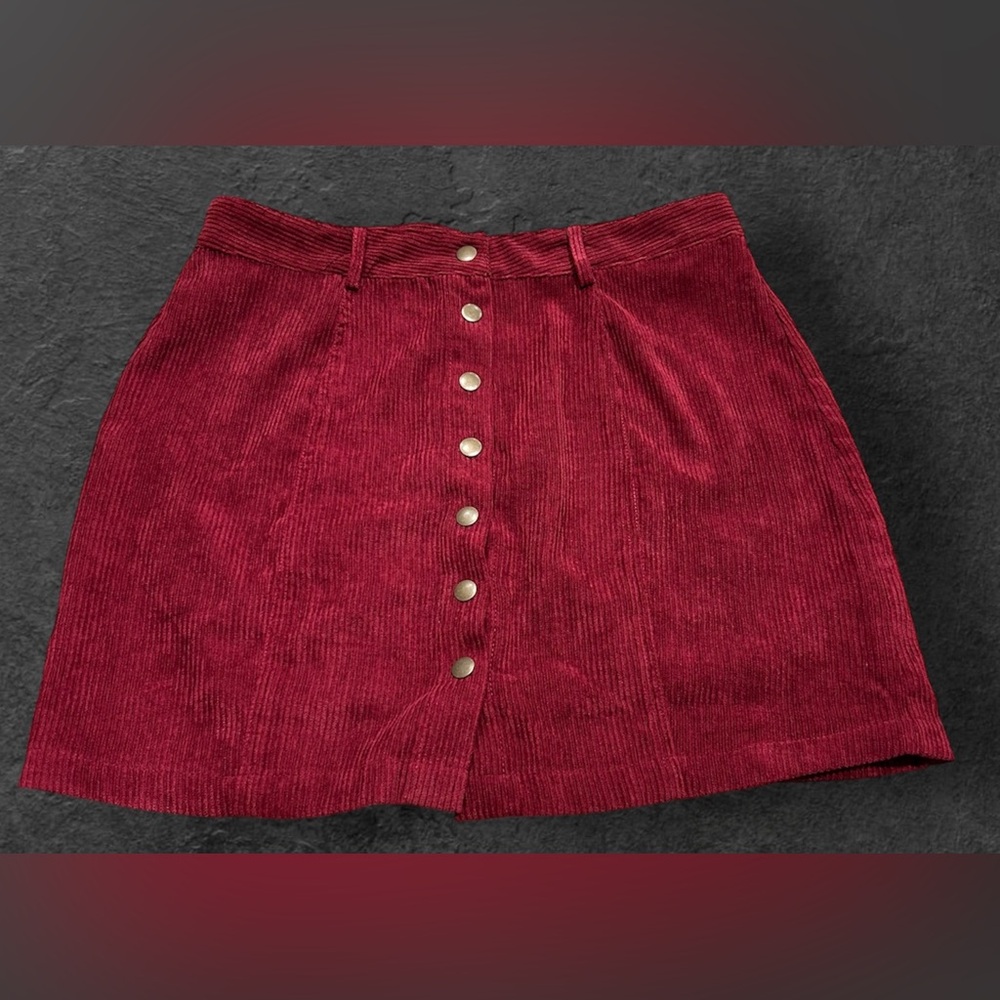 Burgundy Corduroy Button-Front‎ Mini Skirt - Women’s Large